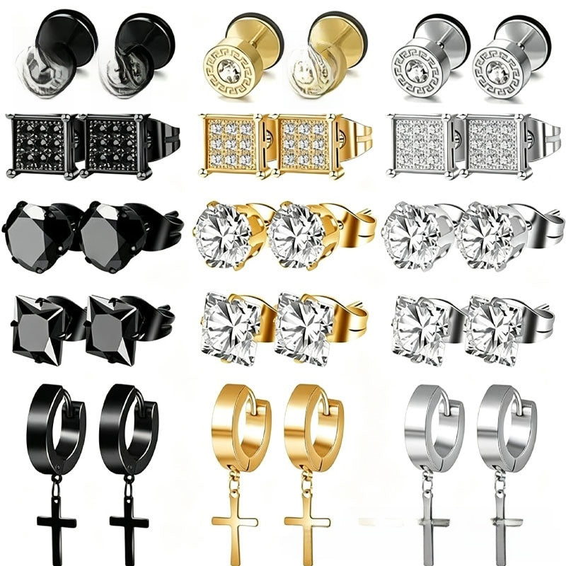 Basic Cross Earrings For Unisex In 304 Stainless Steel With Zircon Inlay And Electroplated Finish Featuring Cable Chain