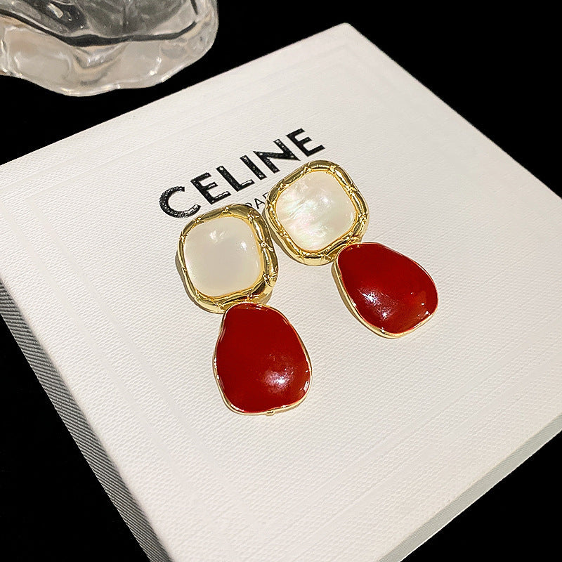 Asymmetrical Wine Red Earrings For Women Featuring 925 Sterling Silver Ear Pins In Retro Style Alloy Design
