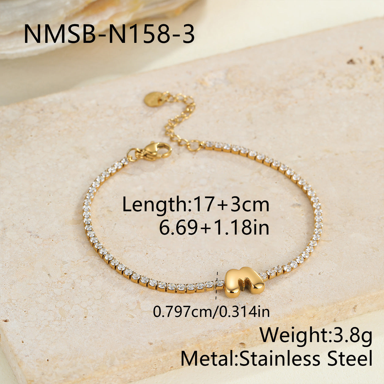 Electroplated Letter Bracelet For Women, 304 Stainless Steel With 18K Gold Plated PVD Coating, 0.03µm Thickness