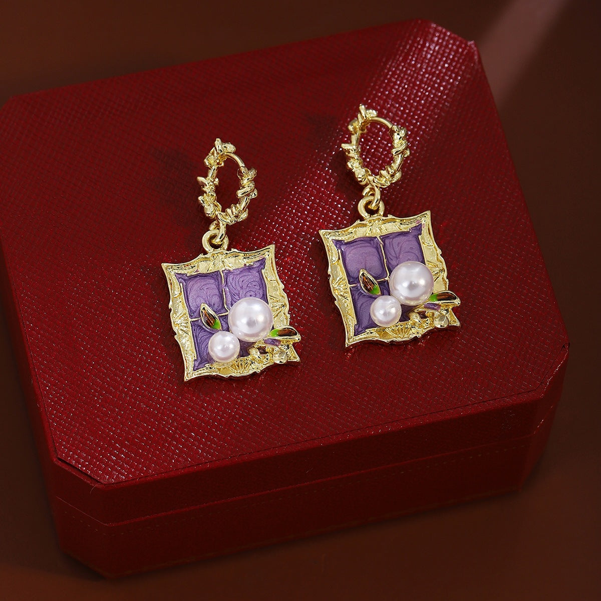 Oil Painting Enamel Earrings For Women Featuring Purple Alloy Design With 304 Stainless Steel Ear Pins