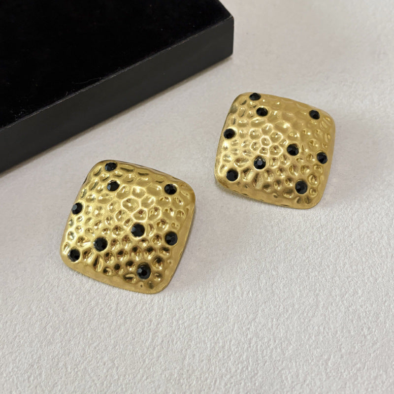 Geometric Hammered Gold Alloy Earrings For Women With Rhinestones, Featuring 304 Stainless Steel Ear Pins