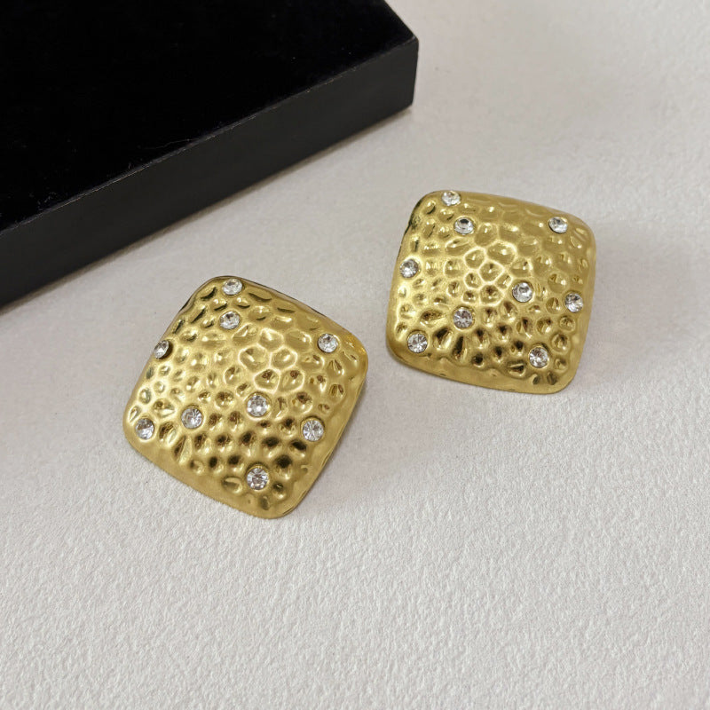 Geometric Hammered Gold Alloy Earrings For Women With Rhinestones, Featuring 304 Stainless Steel Ear Pins