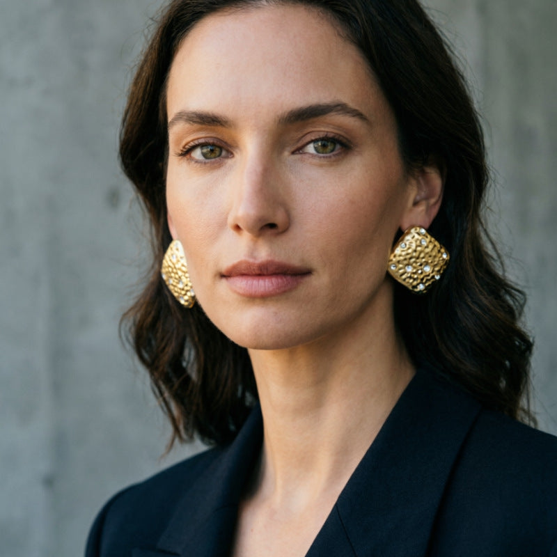 Geometric Hammered Gold Alloy Earrings For Women With Rhinestones, Featuring 304 Stainless Steel Ear Pins