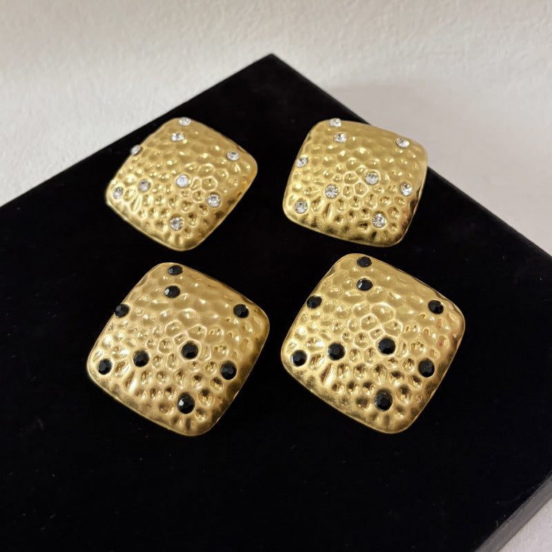 Geometric Hammered Gold Alloy Earrings For Women With Rhinestones, Featuring 304 Stainless Steel Ear Pins