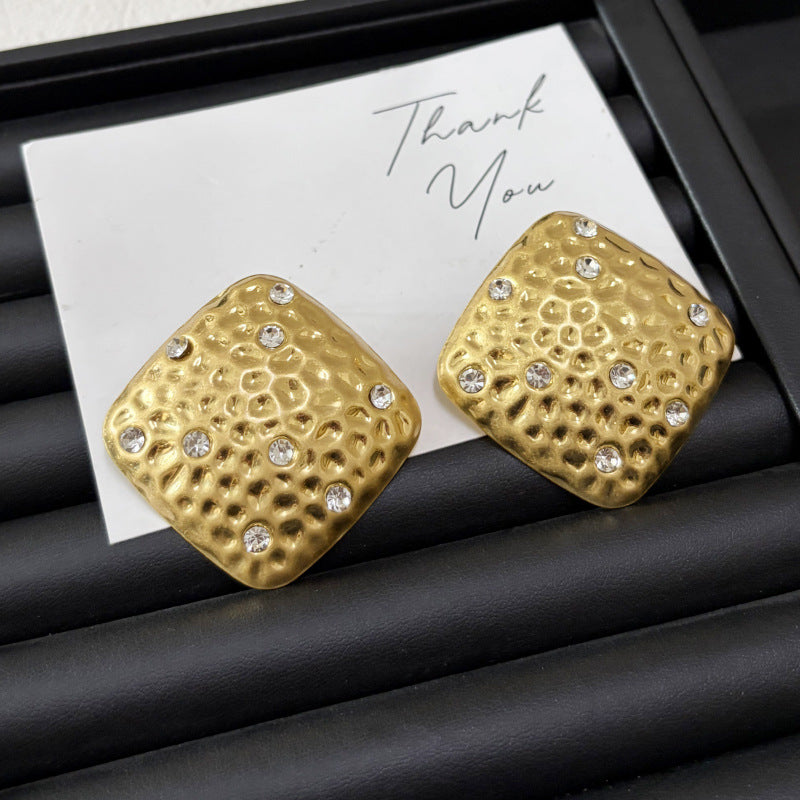 Geometric Hammered Gold Alloy Earrings For Women With Rhinestones, Featuring 304 Stainless Steel Ear Pins