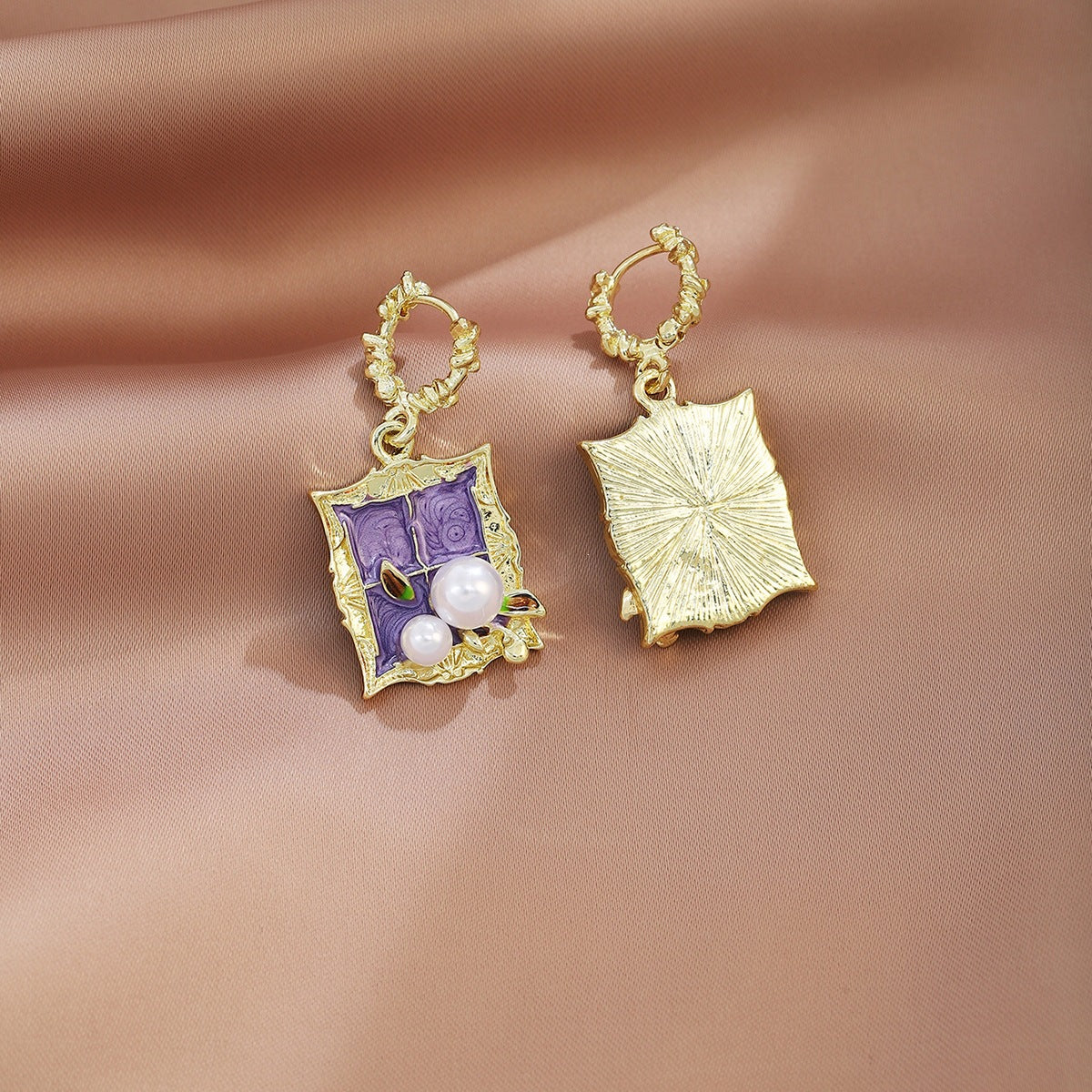Oil Painting Enamel Earrings For Women Featuring Purple Alloy Design With 304 Stainless Steel Ear Pins