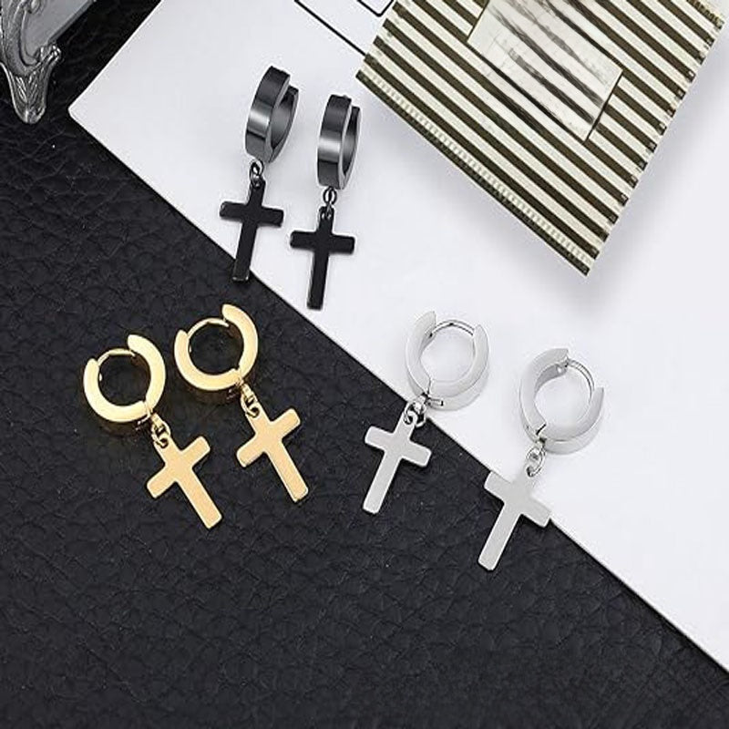 Basic Cross Earrings For Unisex In 304 Stainless Steel With Zircon Inlay And Electroplated Finish Featuring Cable Chain