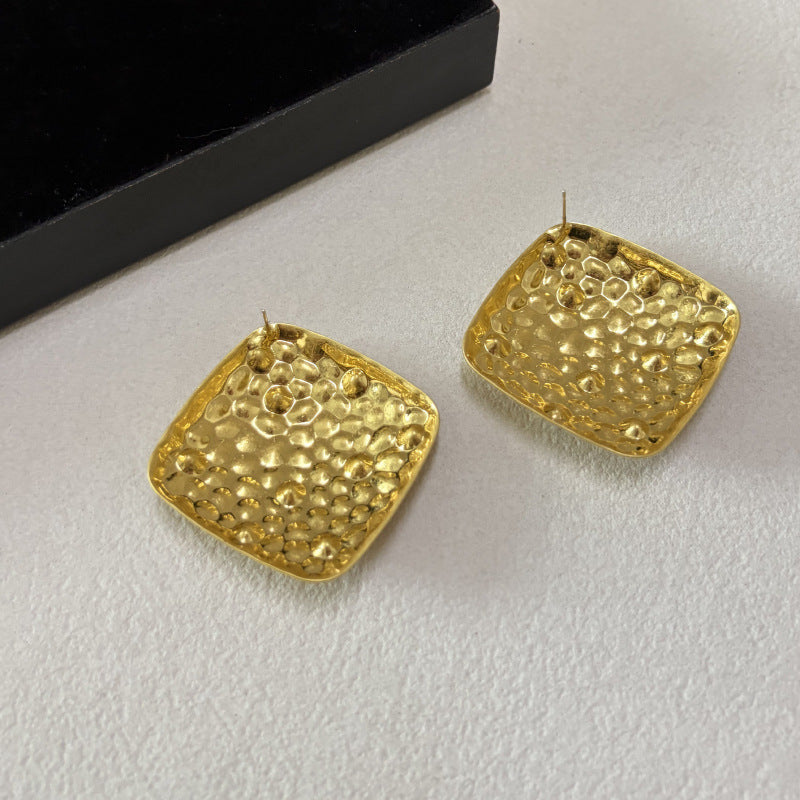 Geometric Hammered Gold Alloy Earrings For Women With Rhinestones, Featuring 304 Stainless Steel Ear Pins