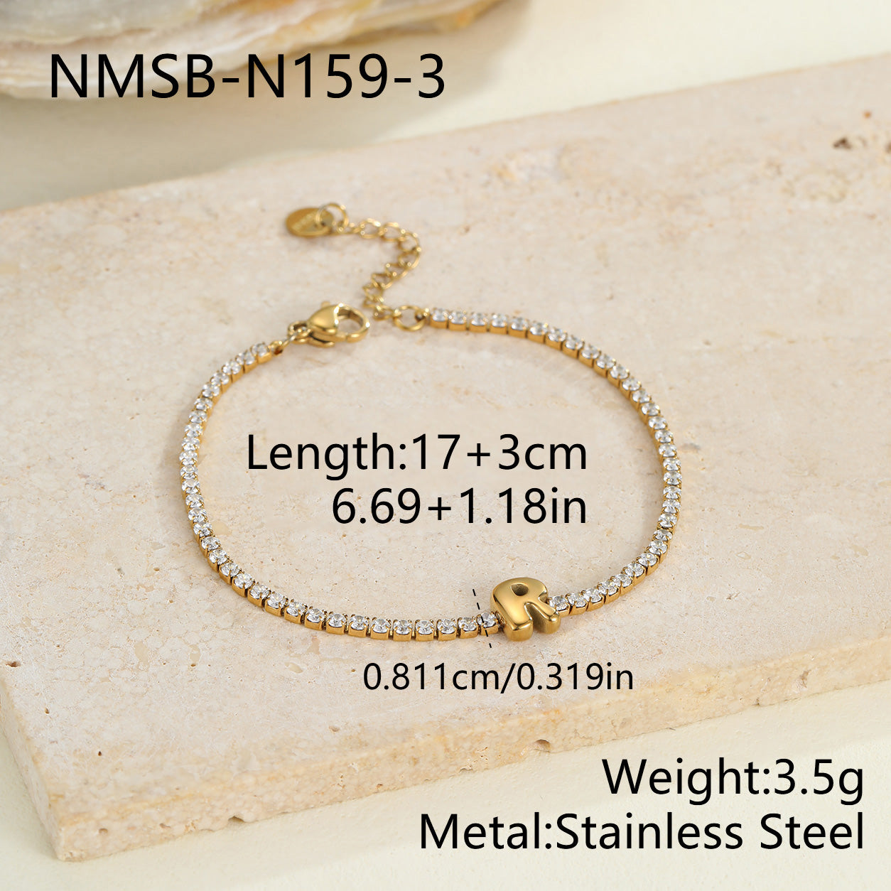 Electroplated Letter Bracelet For Women, 304 Stainless Steel With 18K Gold Plated PVD Coating, 0.03µm Thickness