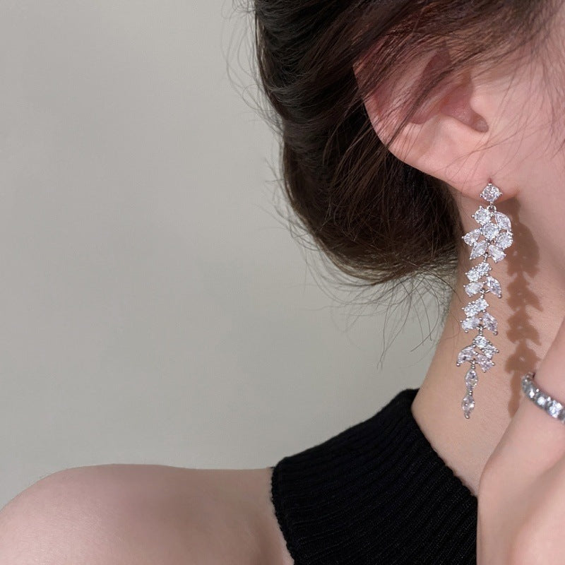 New Style Leaves Tassel Drop Earrings For Women In Copper With Zircon Inlay