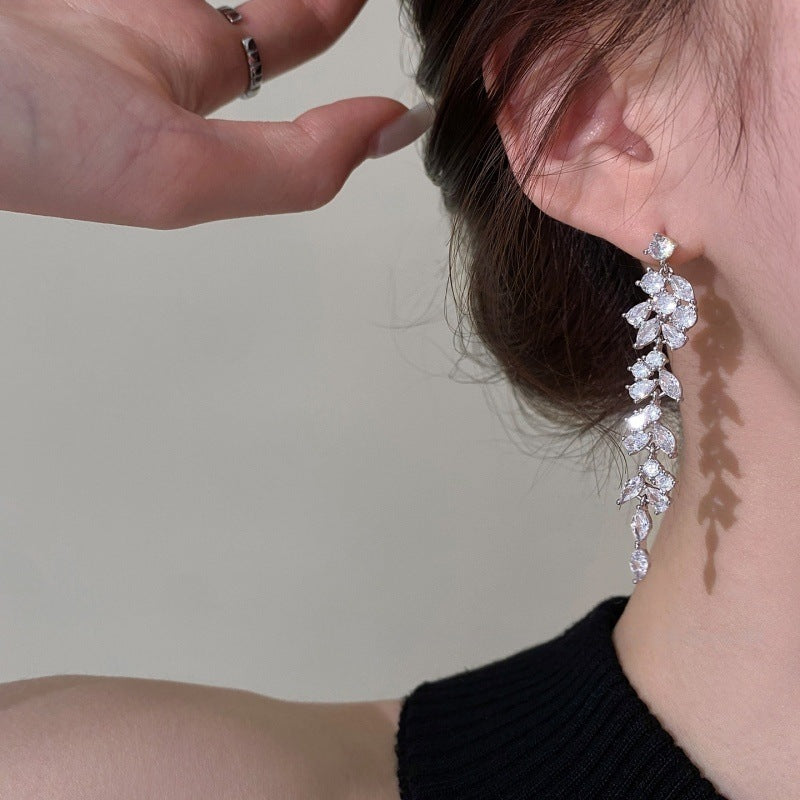 New Style Leaves Tassel Drop Earrings For Women In Copper With Zircon Inlay