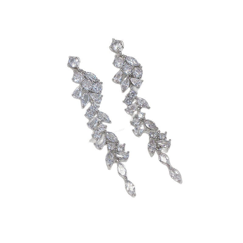 New Style Leaves Tassel Drop Earrings For Women In Copper With Zircon Inlay