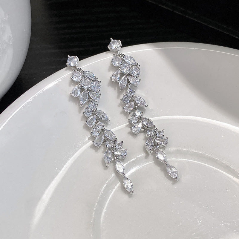 New Style Leaves Tassel Drop Earrings For Women In Copper With Zircon Inlay