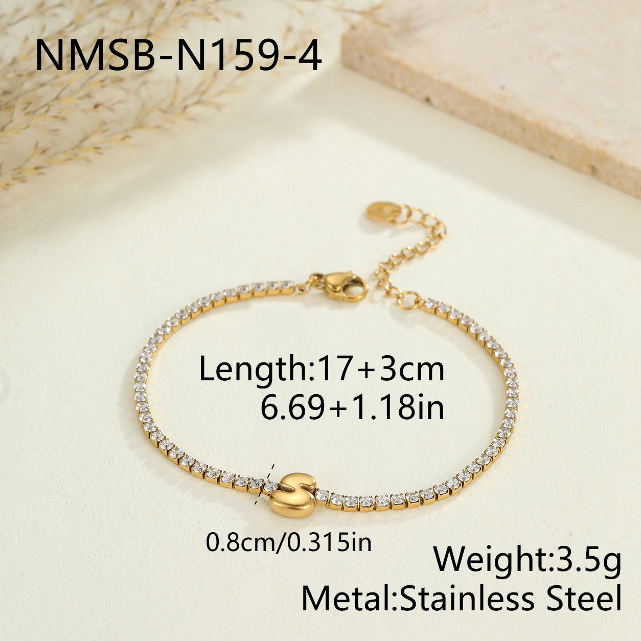 Electroplated Letter Bracelet For Women, 304 Stainless Steel With 18K Gold Plated PVD Coating, 0.03µm Thickness