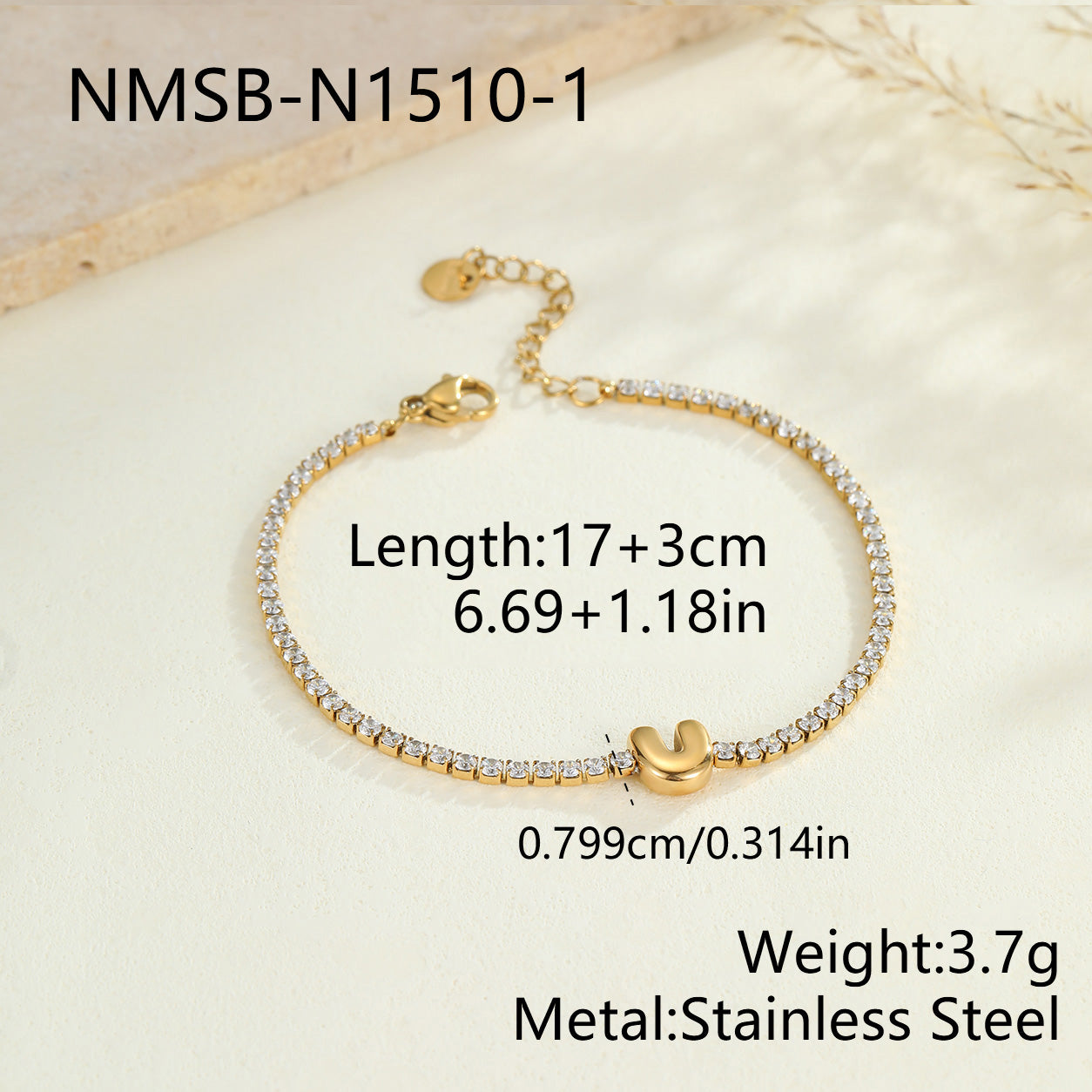 Electroplated Letter Bracelet For Women, 304 Stainless Steel With 18K Gold Plated PVD Coating, 0.03µm Thickness