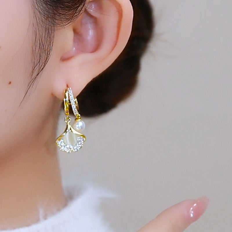 Ginkgo Leaf Earrings For Women In Retro Style, Real Gold Plated With Copper Ear Pins