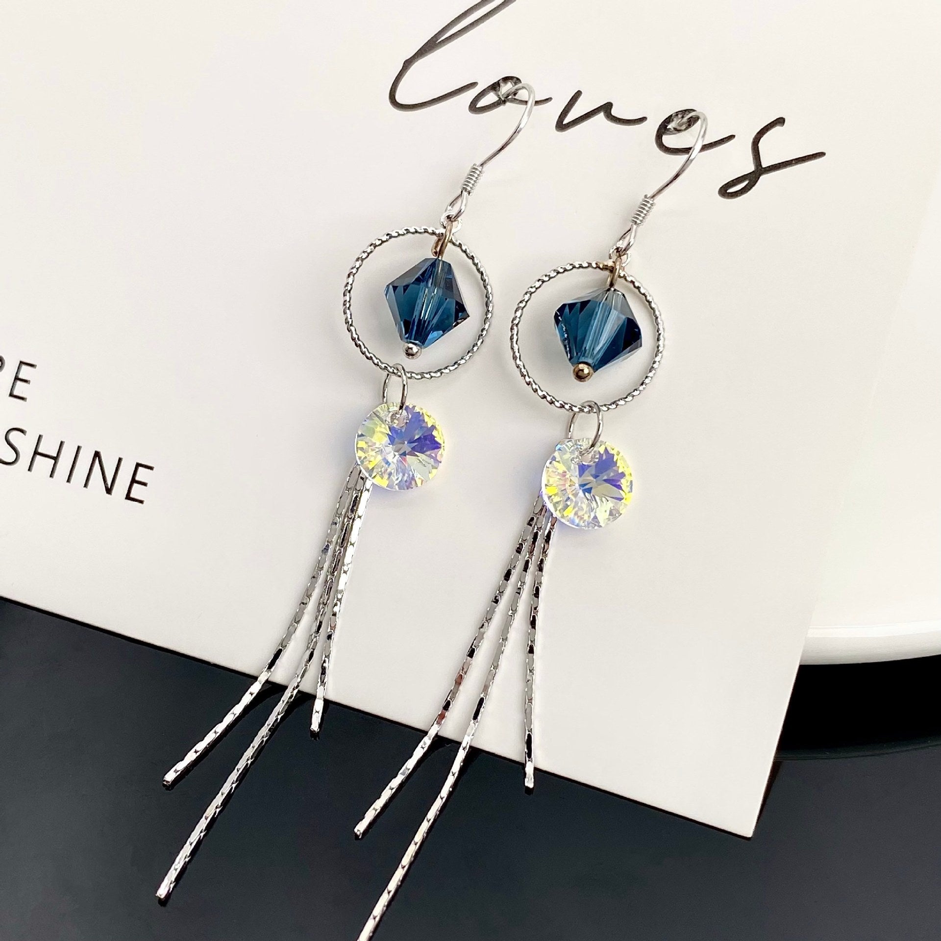 Luxurious Lake Blue Tassel Drop Earrings For Women Featuring Austrian Crystal Inlay