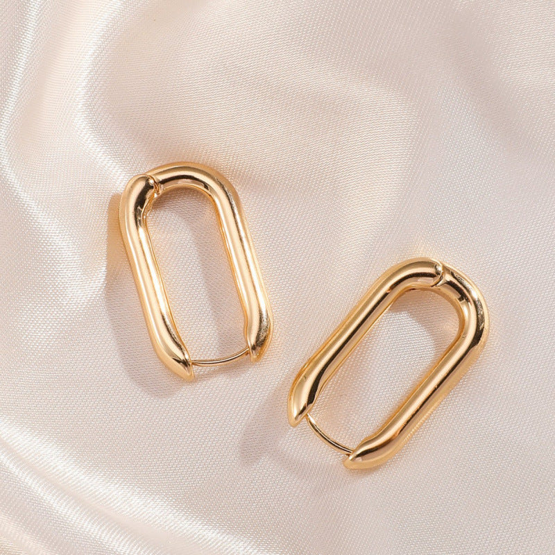 Oval Gold Earrings For Women Featuring Copper Posts With Simple Style Design