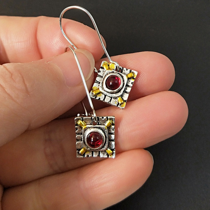 Geometric Red Alloy Earrings For Women With 304 Stainless Steel Ear Pins And Gem Inlay