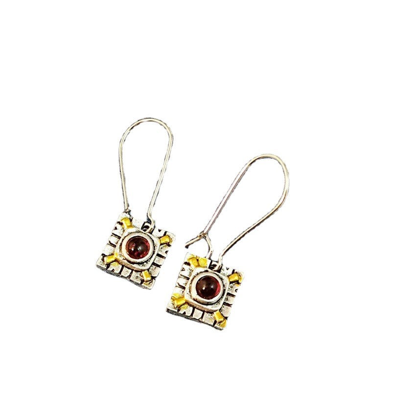Geometric Red Alloy Earrings For Women With 304 Stainless Steel Ear Pins And Gem Inlay