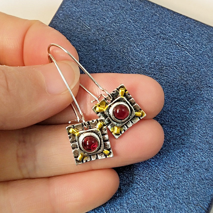 Geometric Red Alloy Earrings For Women With 304 Stainless Steel Ear Pins And Gem Inlay