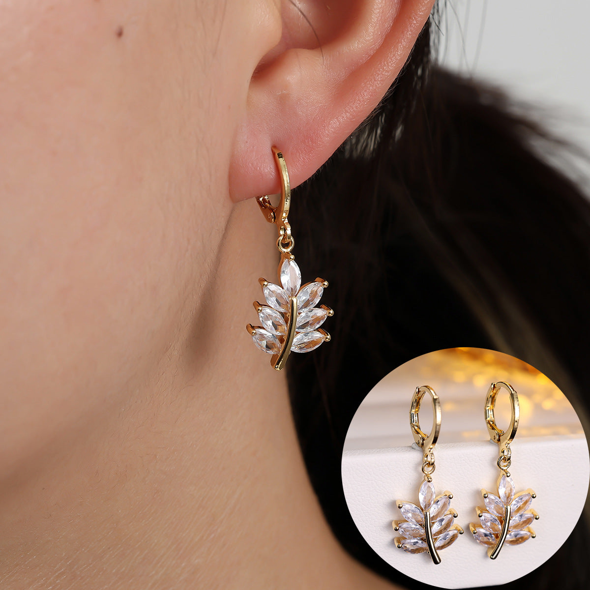Leaf Drop Earrings For Women With Copper Ear Pins And Electroplated Gold Plating Featuring Zircon Inlay