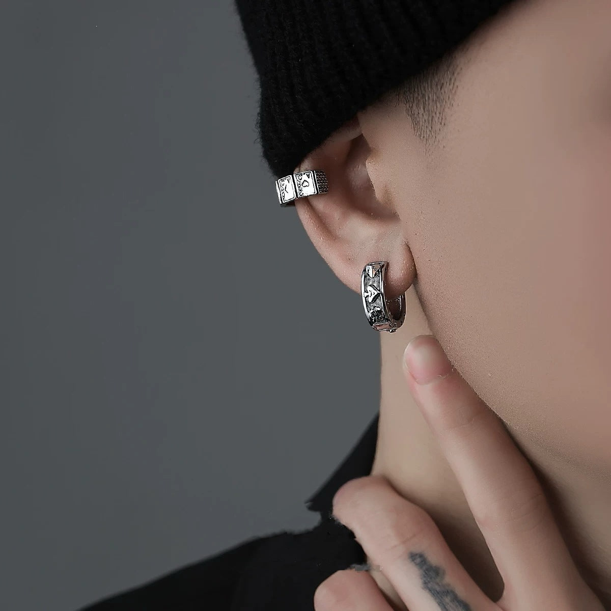 For Men's Steel Color Dice Earrings Featuring Electroplated Finish With Copper Ear Pins And Artificial Gemstones
