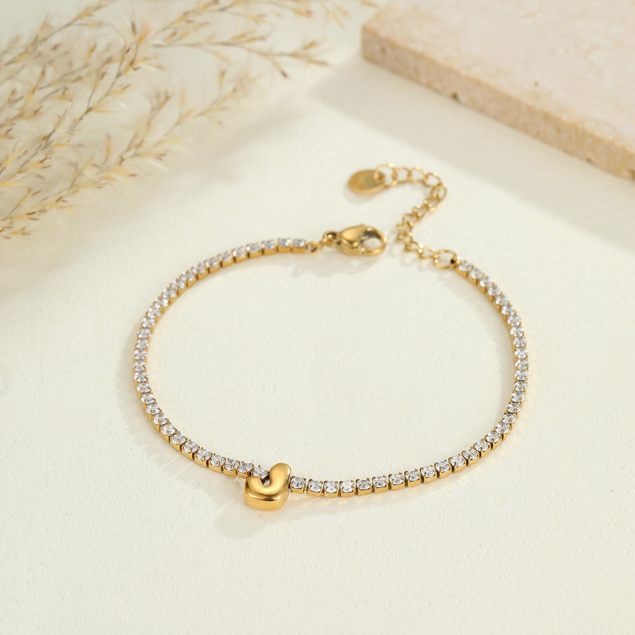 Electroplated Letter Bracelet For Women, 304 Stainless Steel With 18K Gold Plated PVD Coating, 0.03µm Thickness