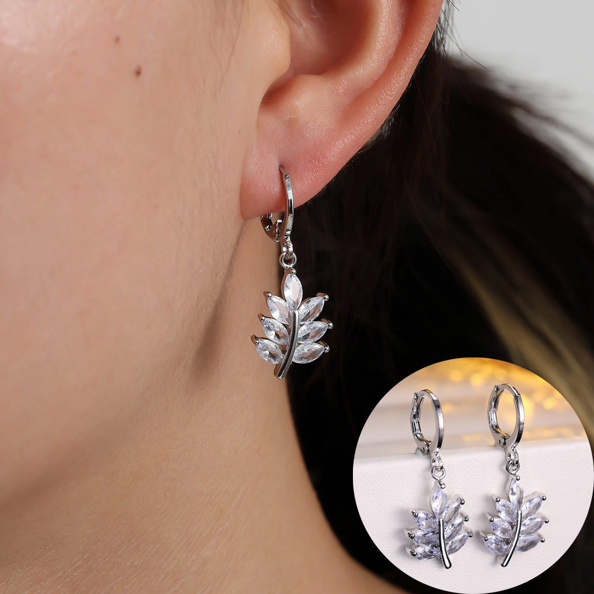 Leaf Drop Earrings For Women With Copper Ear Pins And Electroplated Gold Plating Featuring Zircon Inlay