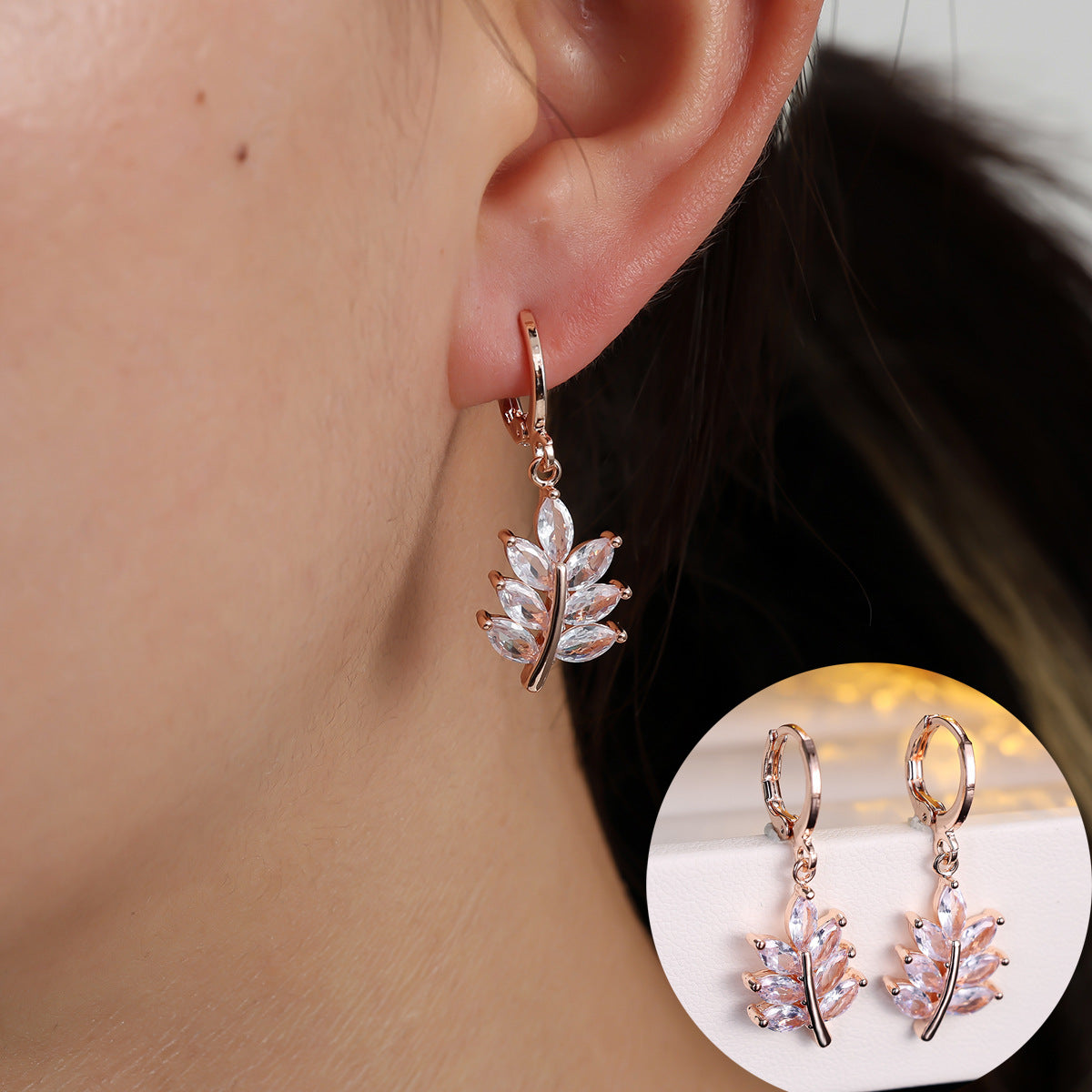 Leaf Drop Earrings For Women With Copper Ear Pins And Electroplated Gold Plating Featuring Zircon Inlay