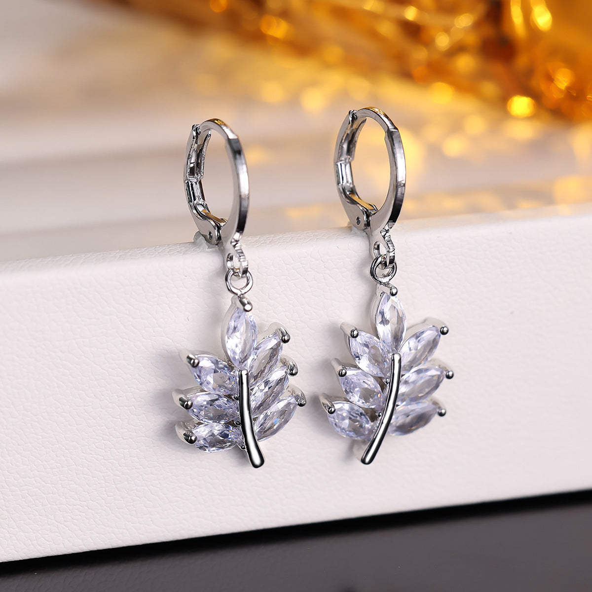 Leaf Drop Earrings For Women With Copper Ear Pins And Electroplated Gold Plating Featuring Zircon Inlay