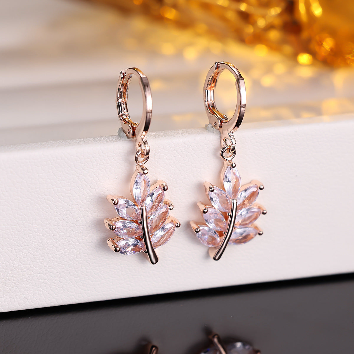 Leaf Drop Earrings For Women With Copper Ear Pins And Electroplated Gold Plating Featuring Zircon Inlay