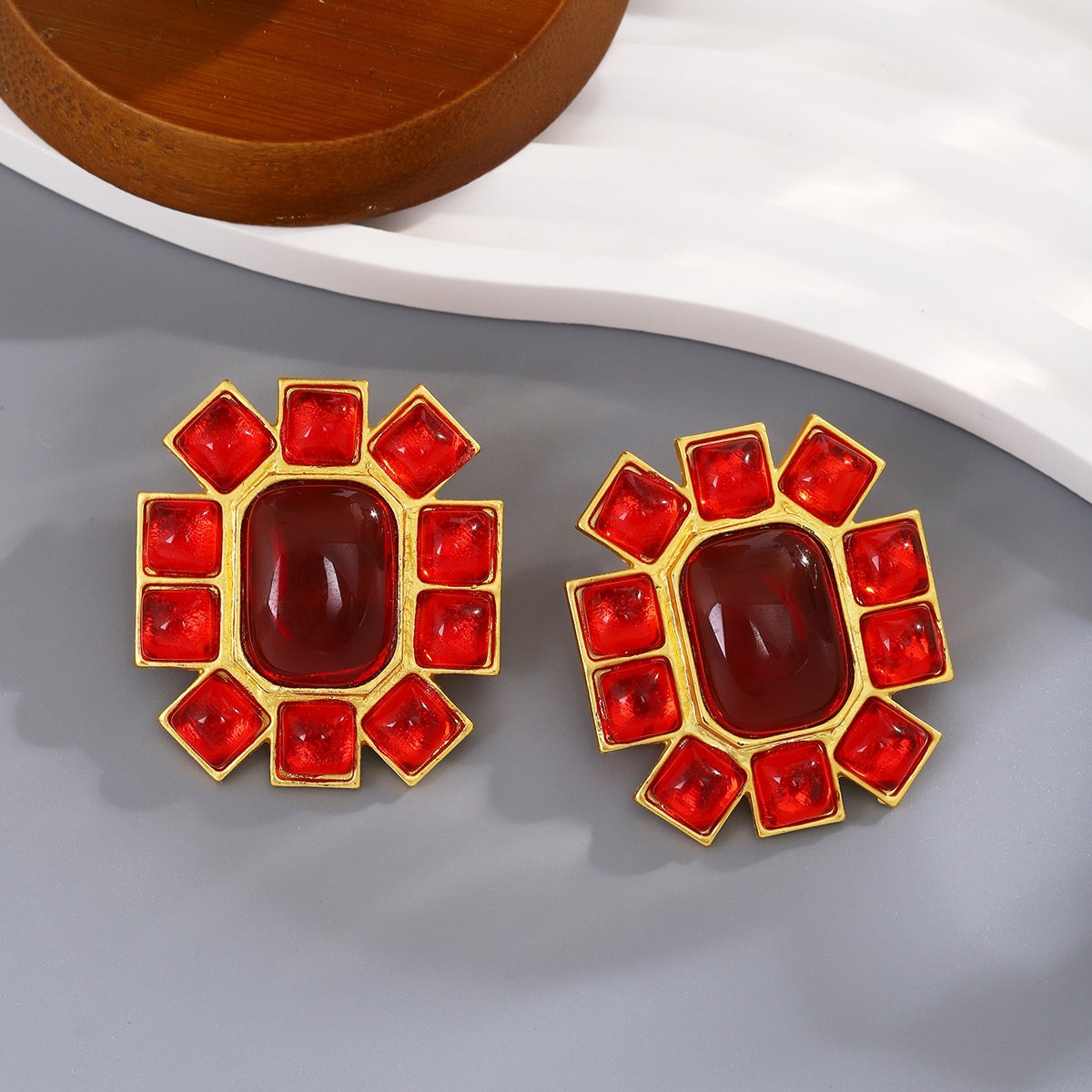 Geometric Earrings For Women In Red, Made Of Zinc Alloy With Electroplated Finish And Copper Ear Pins