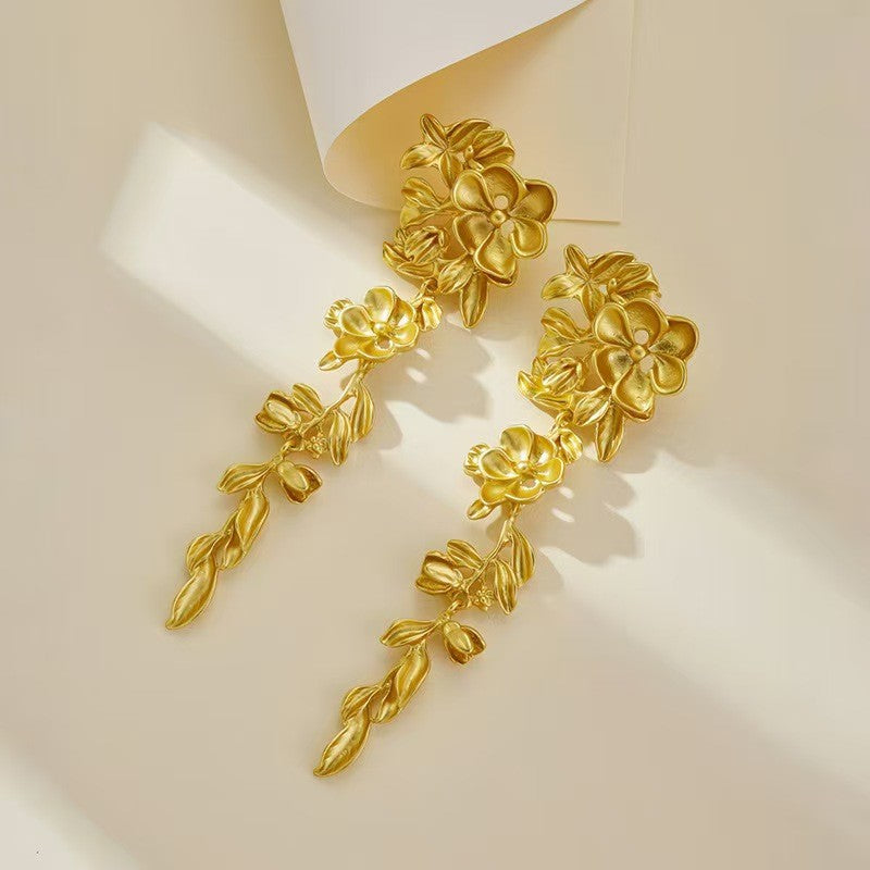 Exaggerated Flowers Tassel Earrings For Women In Gold Zinc Alloy With Zircon Inlay, Drop Earrings
