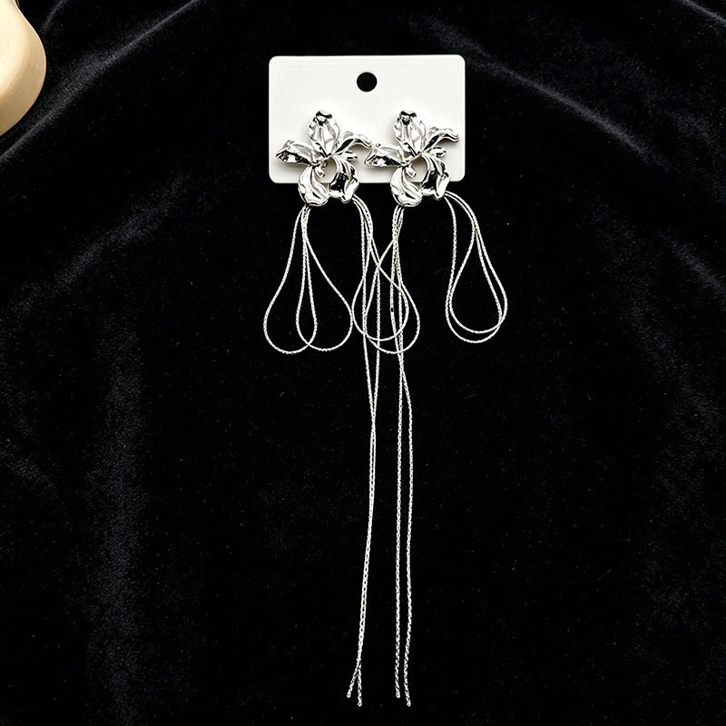 Exaggerated Flowers Tassel Earrings For Women In Gold Zinc Alloy With Zircon Inlay, Drop Earrings