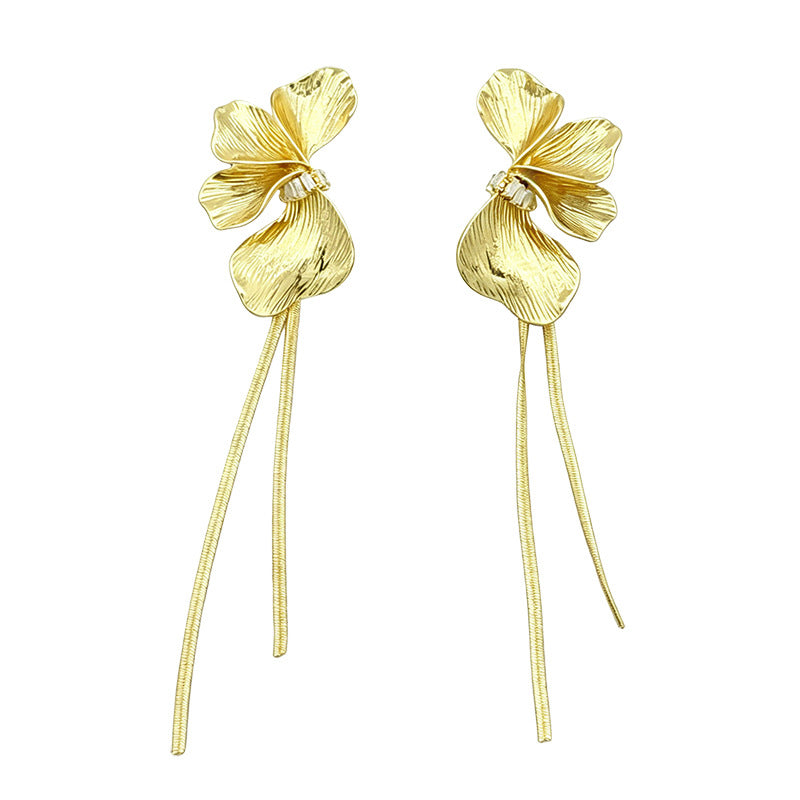 Exaggerated Flowers Tassel Earrings For Women In Gold Zinc Alloy With Zircon Inlay, Drop Earrings