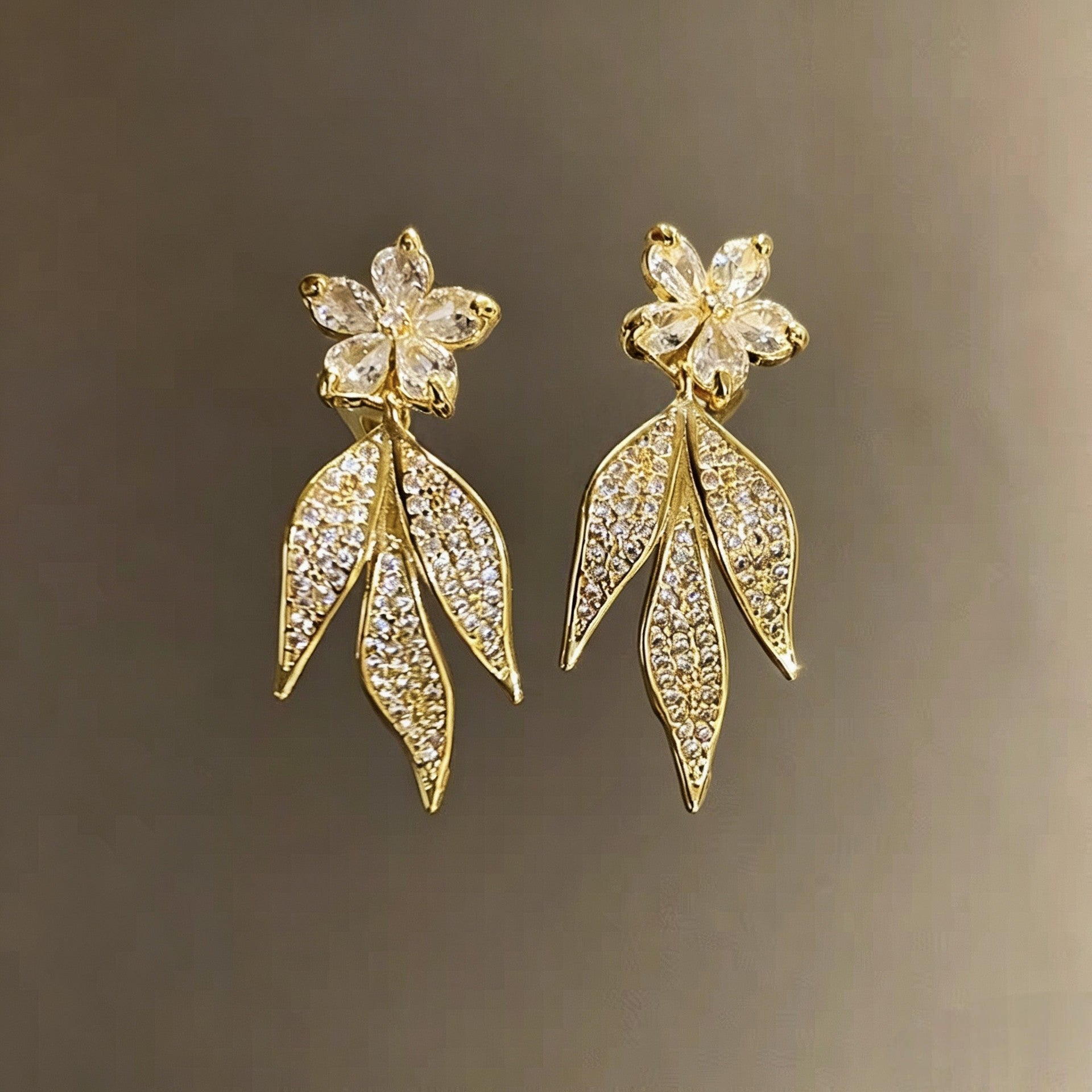 Maple Leaf Stud Earrings For Women With Copper Posts Electroplated And Real Gold Plated Featuring Zircon Inlay