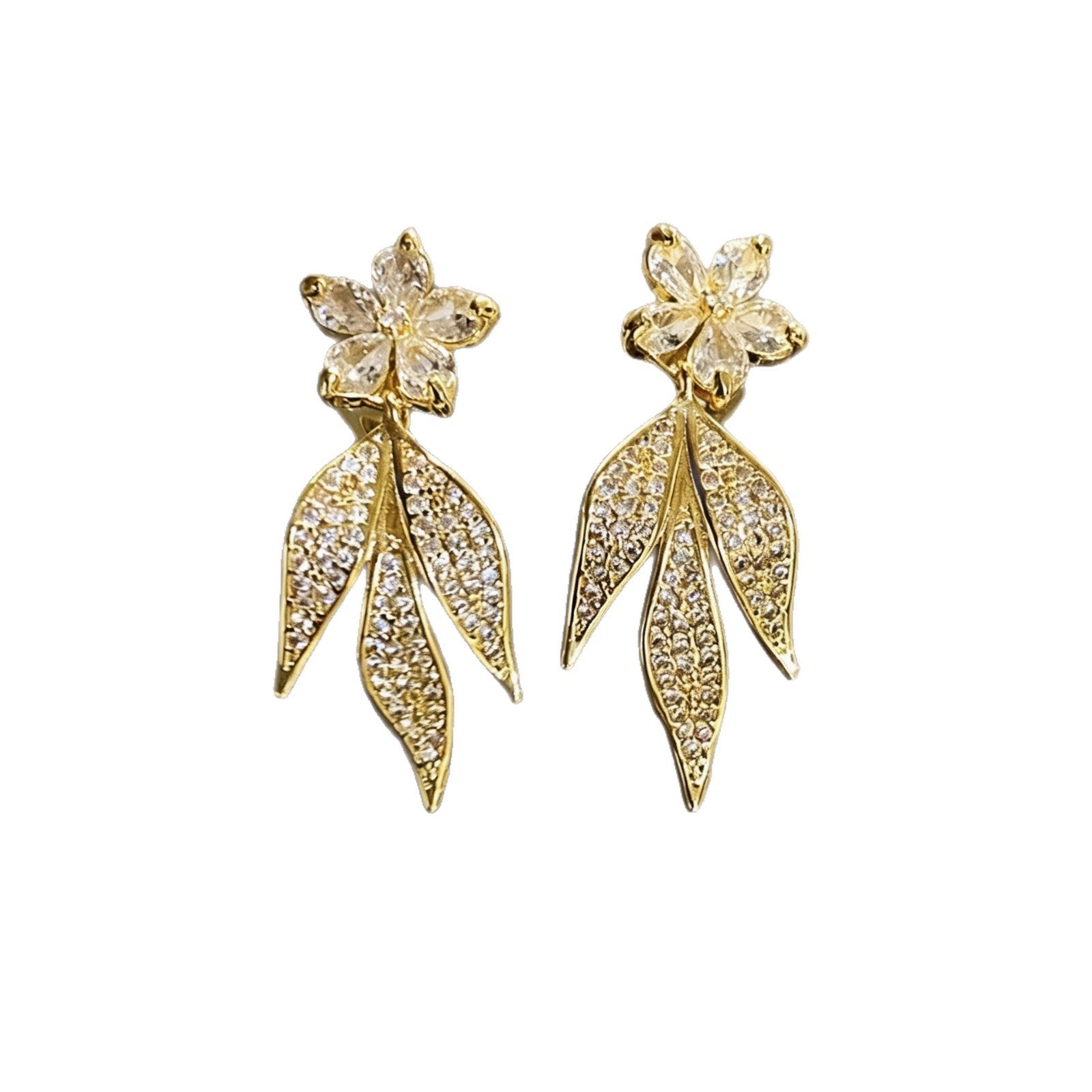 Maple Leaf Stud Earrings For Women With Copper Posts Electroplated And Real Gold Plated Featuring Zircon Inlay