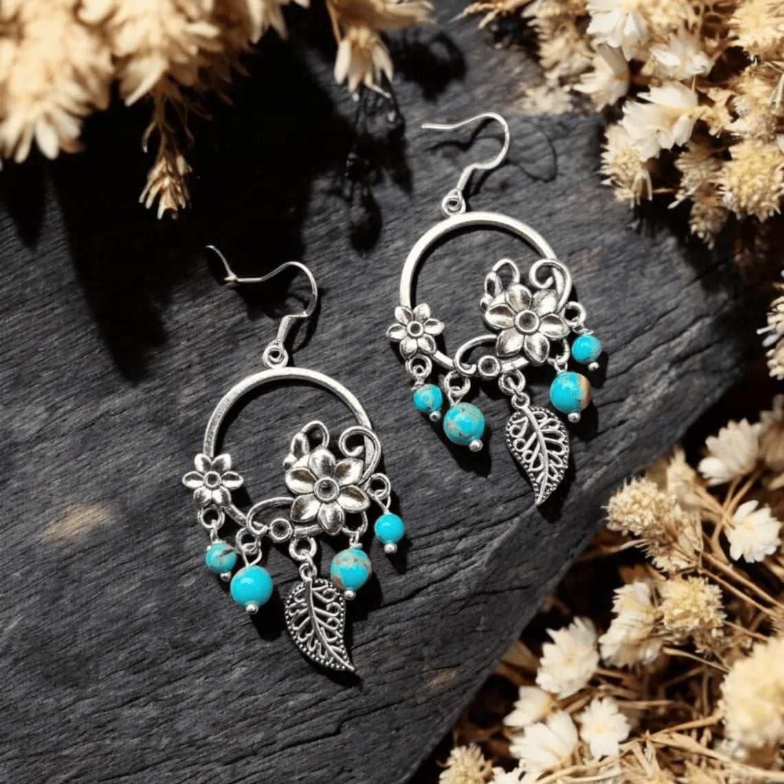 Bohemian Silver Flowers Dangling Earrings For Women With Beading Craft And Gem Inlay, Made Of Zinc Alloy