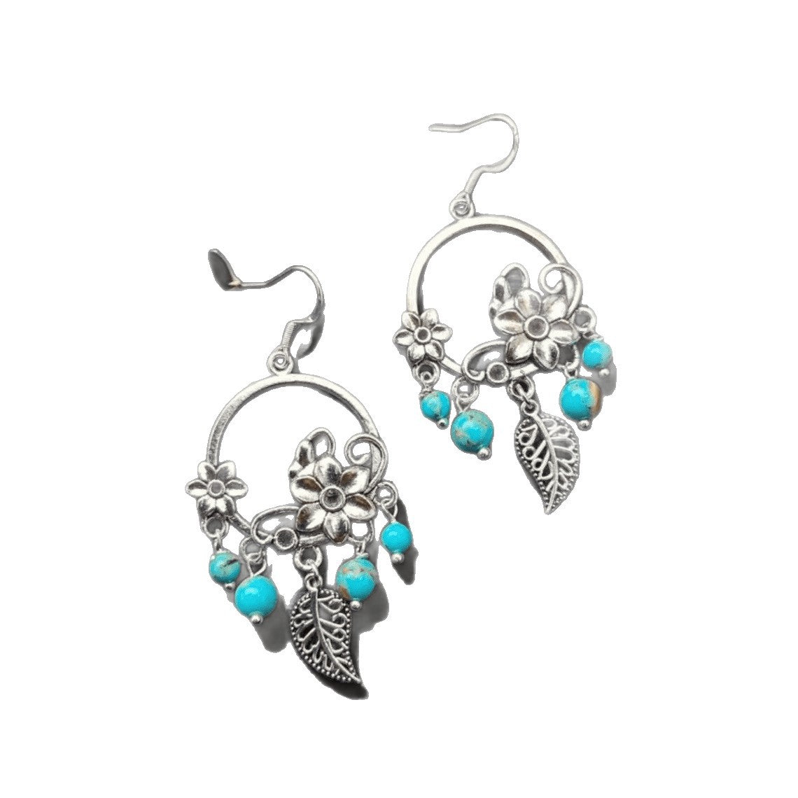 Bohemian Silver Flowers Dangling Earrings For Women With Beading Craft And Gem Inlay, Made Of Zinc Alloy