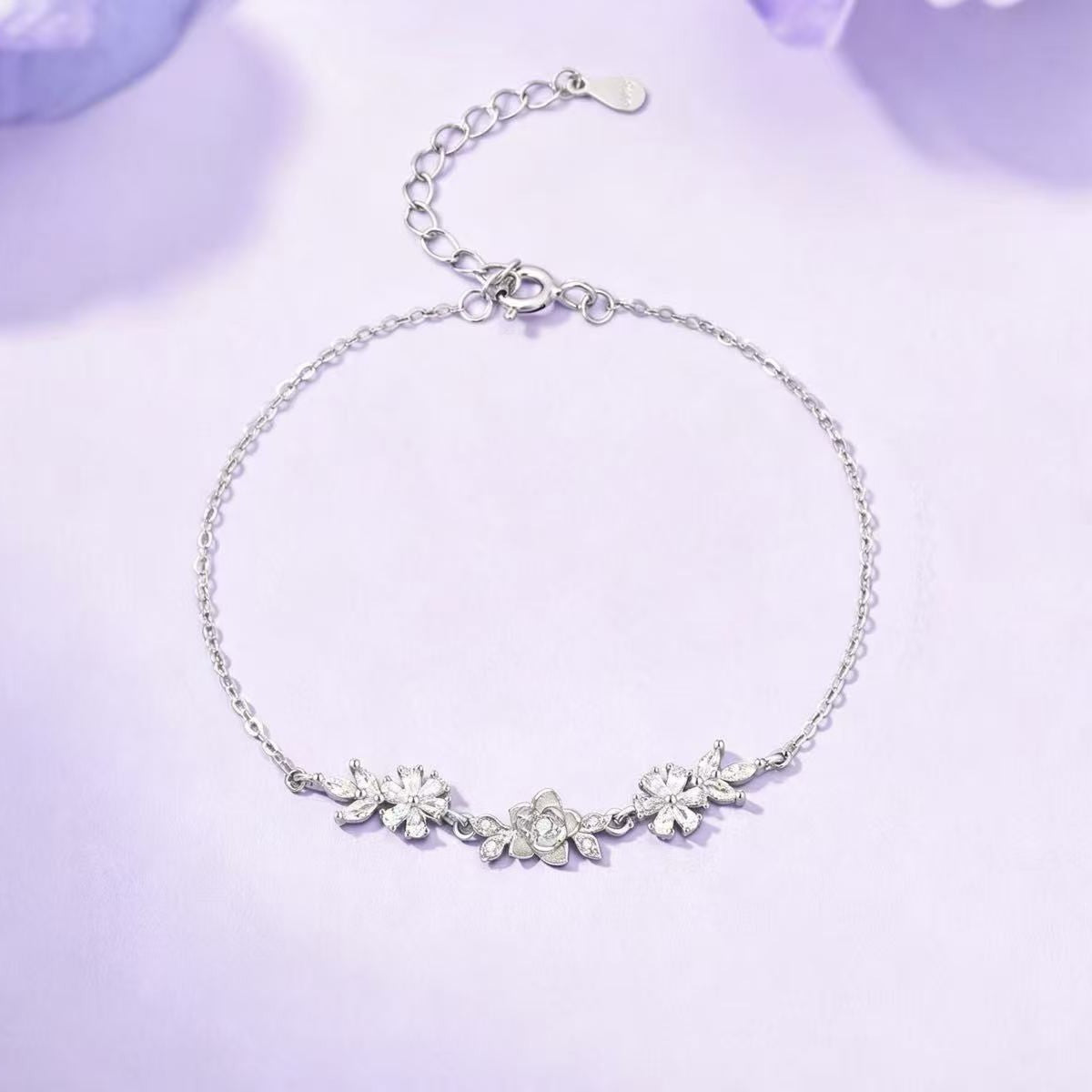Elegant Flowers Bracelet For Women In Copper With Electroplated Gold Plating And Rhinestone Inlay