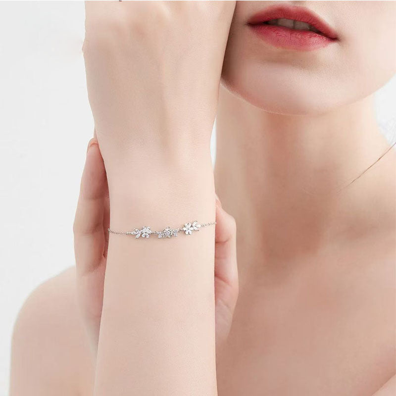 Elegant Flowers Bracelet For Women In Copper With Electroplated Gold Plating And Rhinestone Inlay