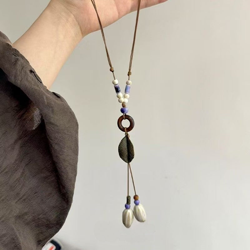 Ethnic Style Leaves Long Necklace For Women With Beading Inlay And Woven Chain In Mixed Materials