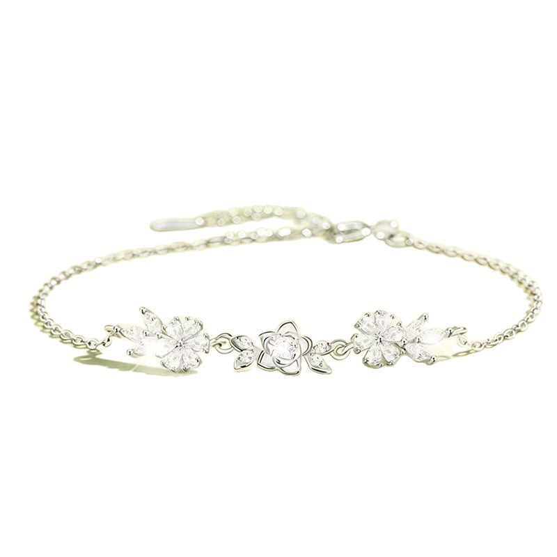 Elegant Flowers Bracelet For Women In Copper With Electroplated Gold Plating And Rhinestone Inlay