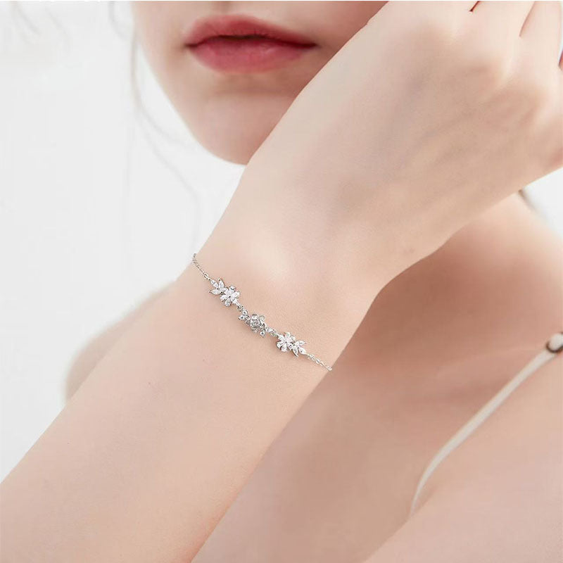 Elegant Flowers Bracelet For Women In Copper With Electroplated Gold Plating And Rhinestone Inlay