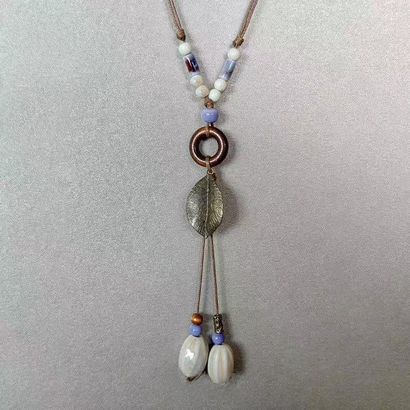 Ethnic Style Leaves Long Necklace For Women With Beading Inlay And Woven Chain In Mixed Materials