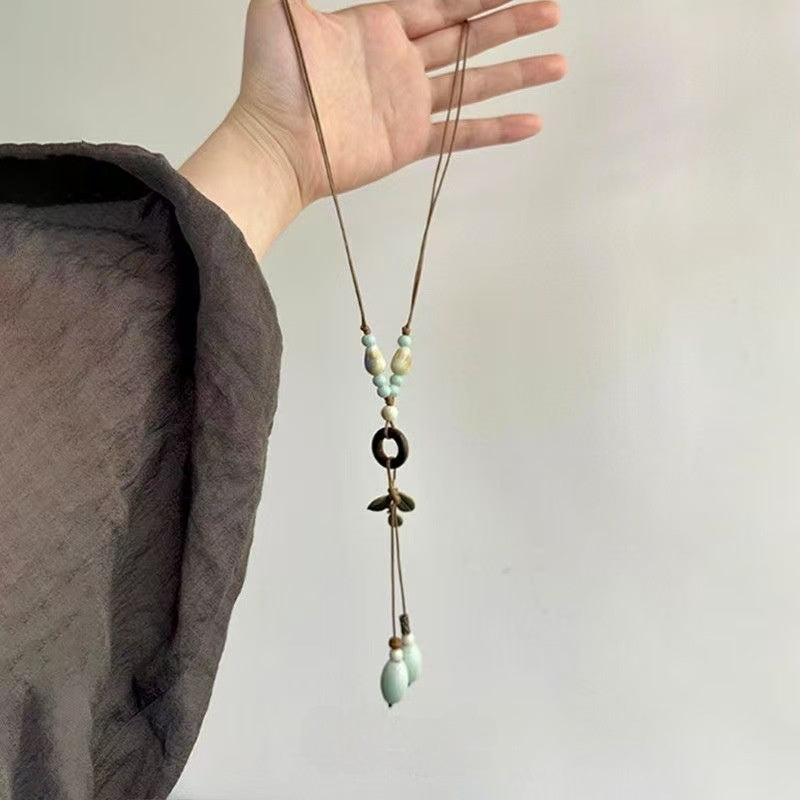 Ethnic Style Leaves Long Necklace For Women With Beading Inlay And Woven Chain In Mixed Materials