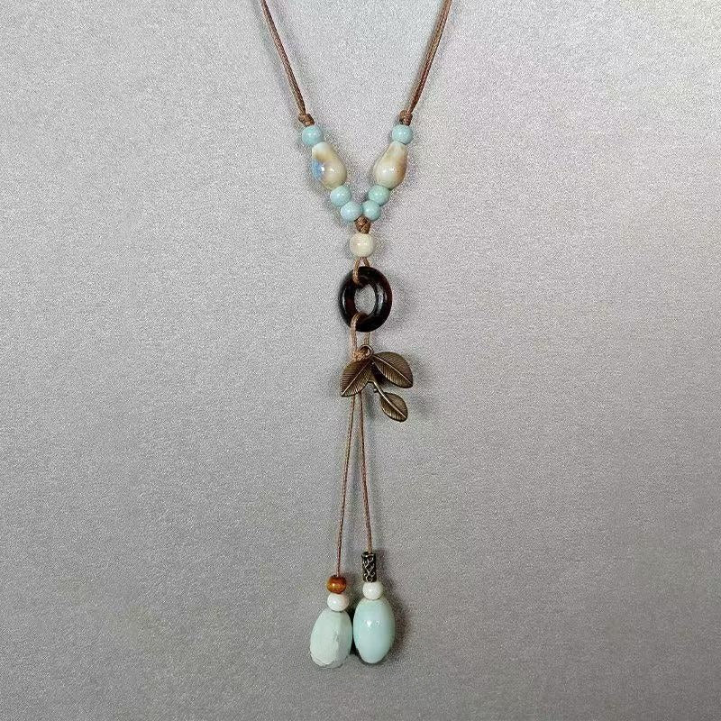 Ethnic Style Leaves Long Necklace For Women With Beading Inlay And Woven Chain In Mixed Materials