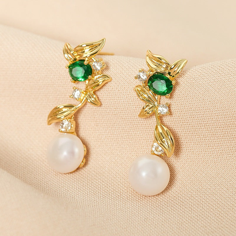 Leaves Earrings For Women Made Of Alloy With Artificial Crystal Inlay Featuring Electroplated Finish And 925 Sterling Silver Ear Pins