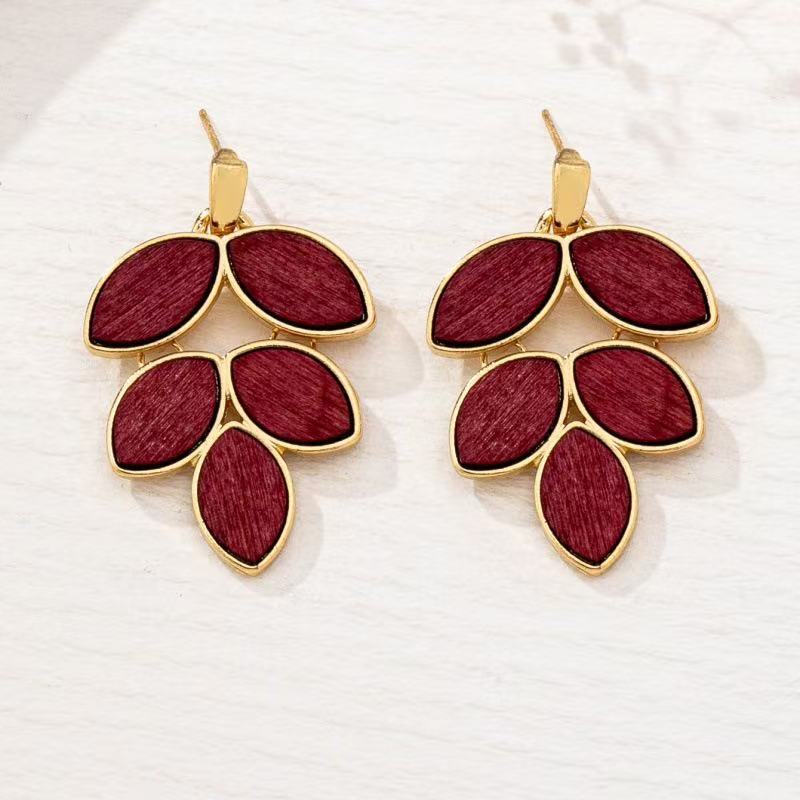 Leaves Earrings For Women In Wine Red Zinc Alloy Featuring Electroplated Finish With 304 Stainless Steel Ear Pins